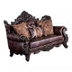 Puhi Loveseat w Accent Pillows | Brown Faux Leather | Ornate Carved 70"