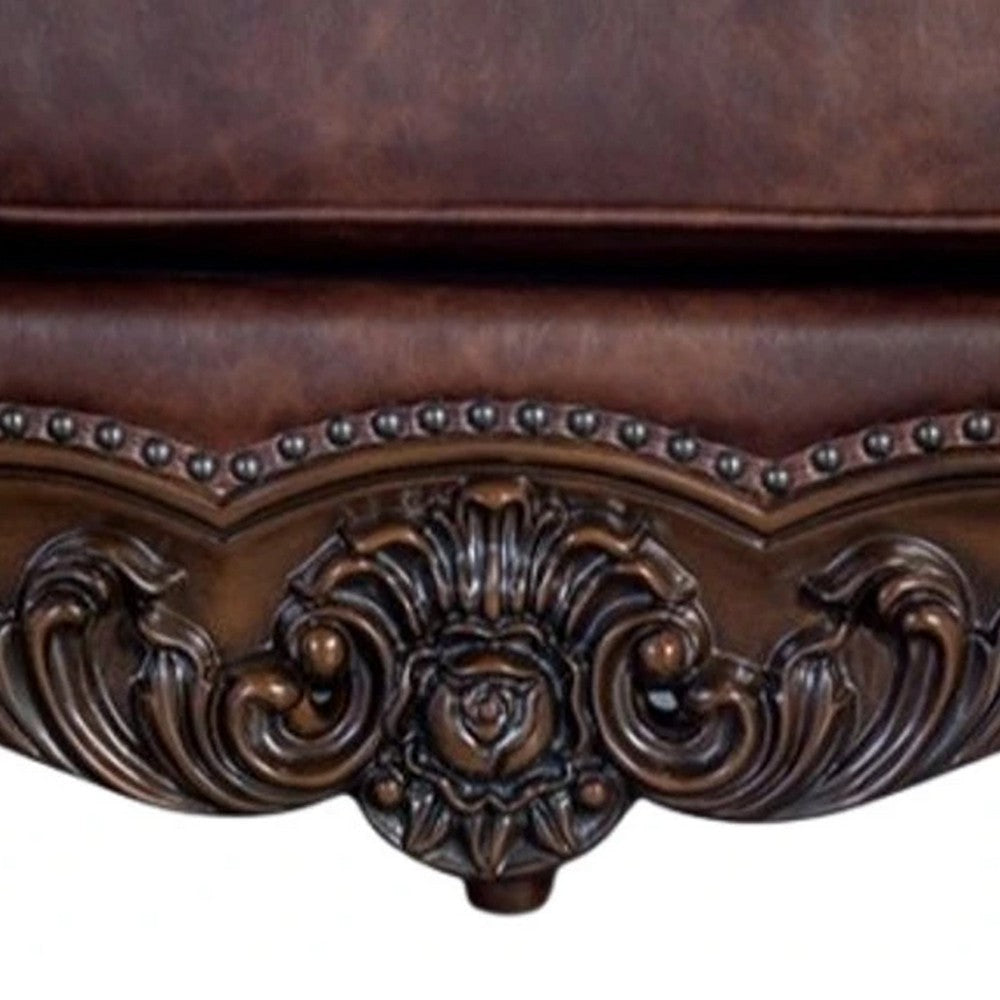 Puhi Sofa | Brown Faux Leather | Ornate Carved Dark Cherry Wood | 95’’ BM340282