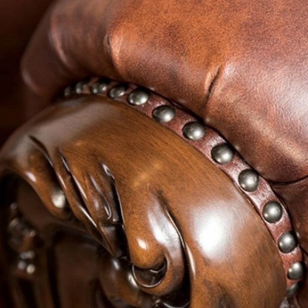 Puhi Sofa | Brown Faux Leather | Ornate Carved Dark Cherry Wood | 95’’ BM340282