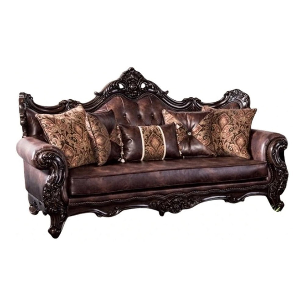 Puhi Sofa | Brown Faux Leather | Ornate Carved Dark Cherry Wood | 95"