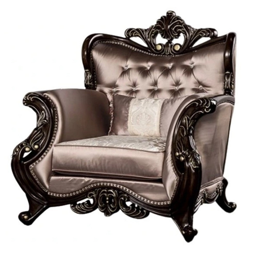Aboi Armchair w Pillow | Brown Velvet | Ornate Carved Dark Cherry Wood BM340283