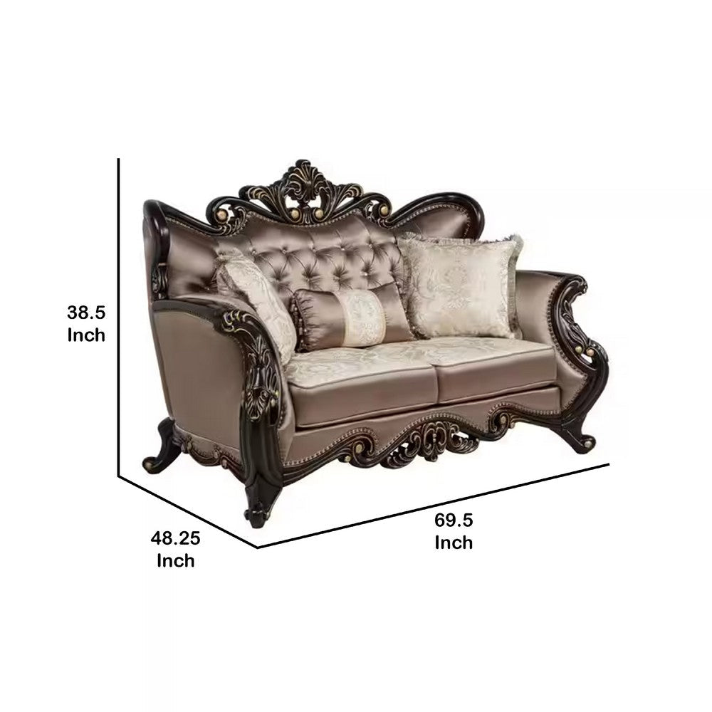 Aboi Loveseat | 3 Pillows | Brown Velvet | Carved Dark Cherry Wood | 70’’ BM340284