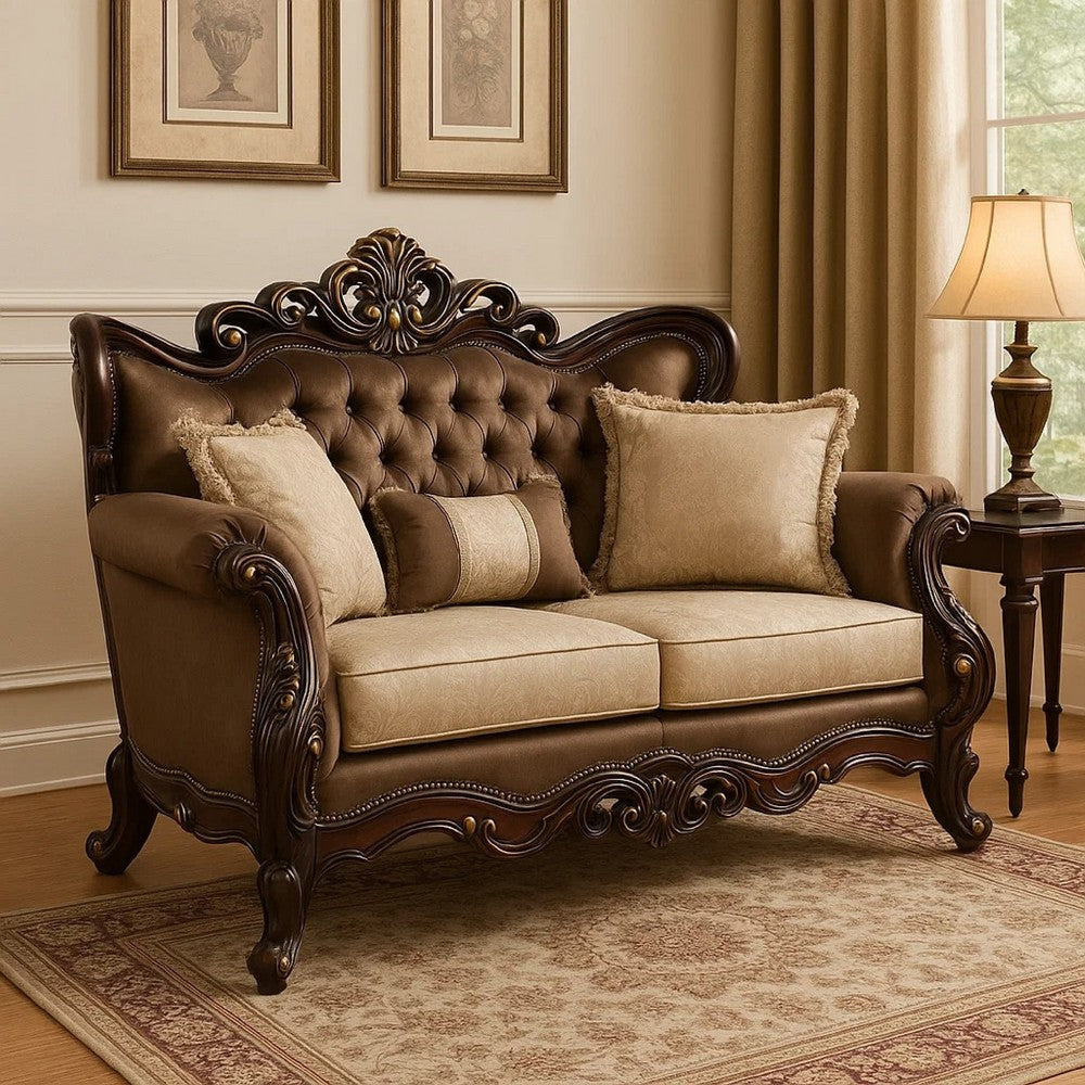 Aboi Loveseat | 3 Pillows | Brown Velvet | Carved Dark Cherry Wood | 70’’ BM340284