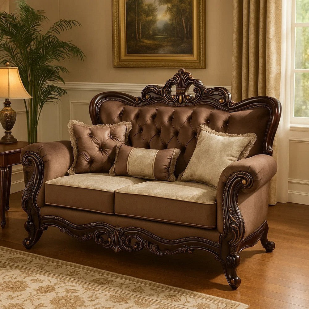 Aboi Loveseat | 3 Pillows | Brown Velvet | Carved Dark Cherry Wood | 70"