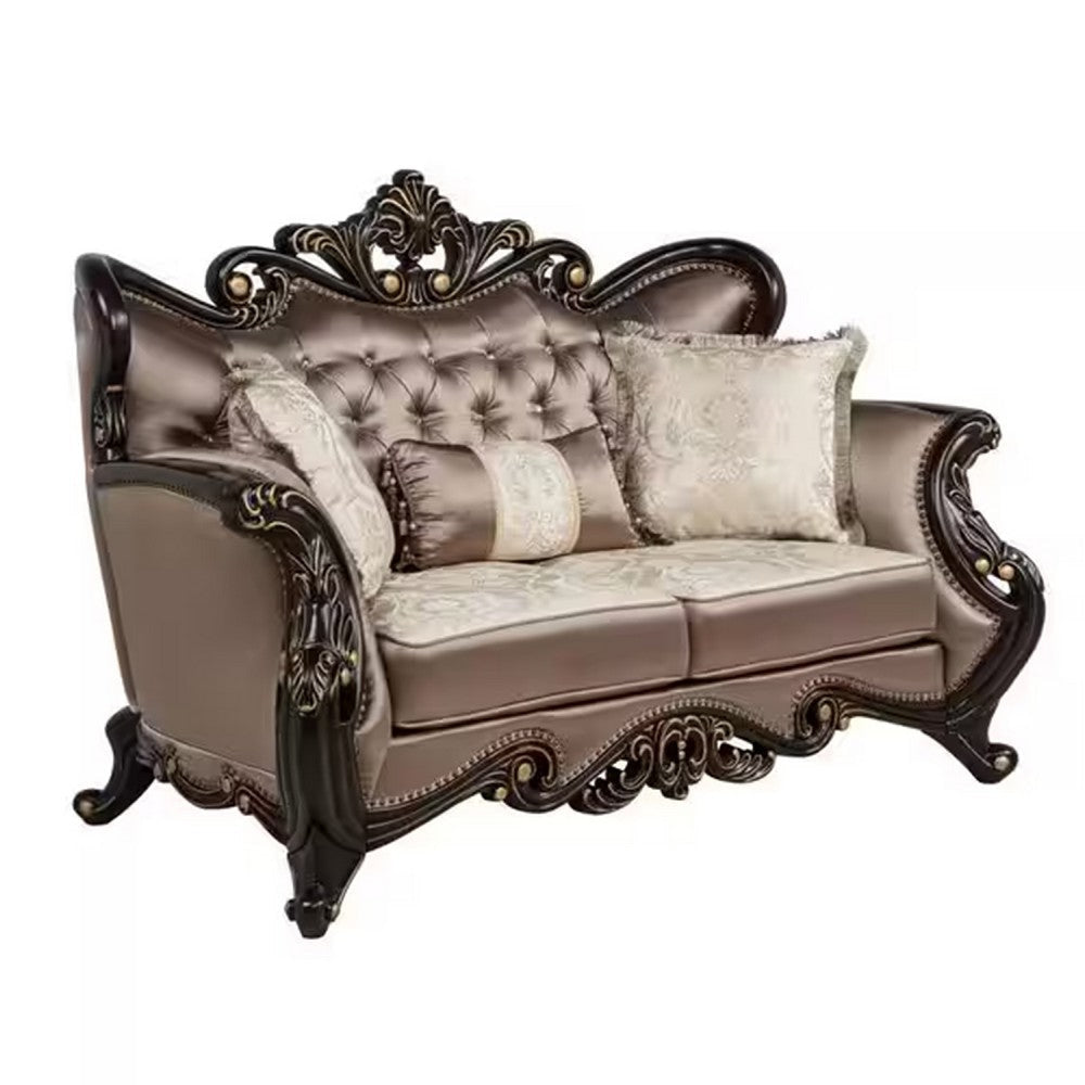 Aboi Loveseat | 3 Pillows | Brown Velvet | Carved Dark Cherry Wood | 70"