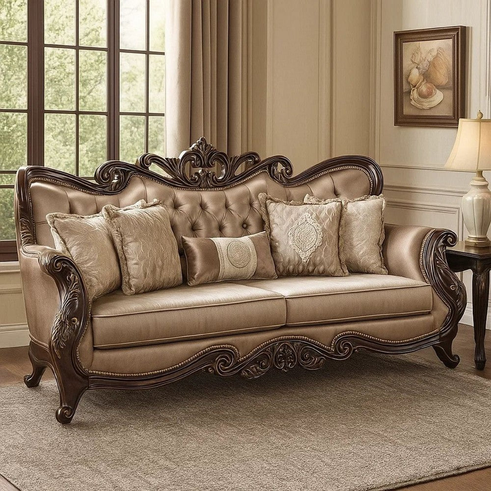 Aboi Sofa w 5 Pillows | Brown Velvet | Ornate Carved Dark Cherry Wood | 95"