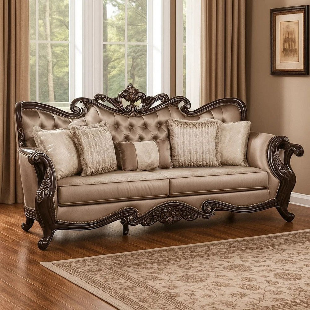 Aboi Sofa w 5 Pillows | Brown Velvet | Ornate Carved Dark Cherry Wood | 95"
