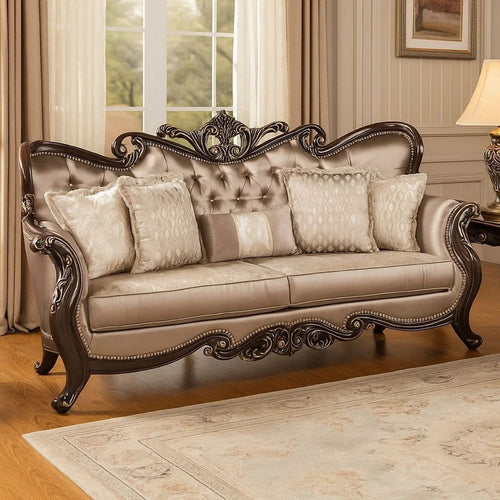 Aboi Sofa w 5 Pillows | Brown Velvet | Ornate Carved Dark Cherry Wood | 95"