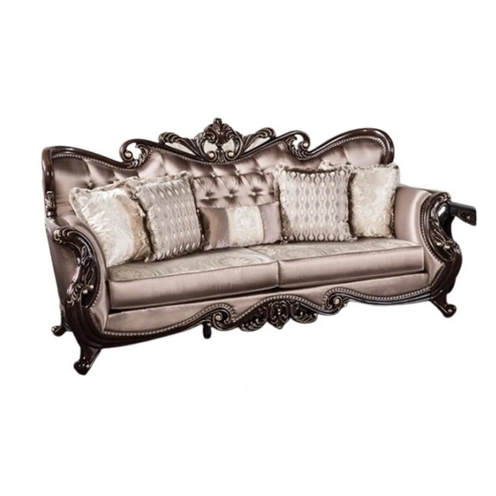 Aboi Sofa w 5 Pillows | Brown Velvet | Ornate Carved Dark Cherry Wood | 95"