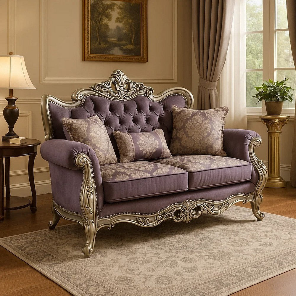 Aboi Loveseat | 3 Accent Pillows | Purple Velvet | Carved Details | 70’’ BM340287
