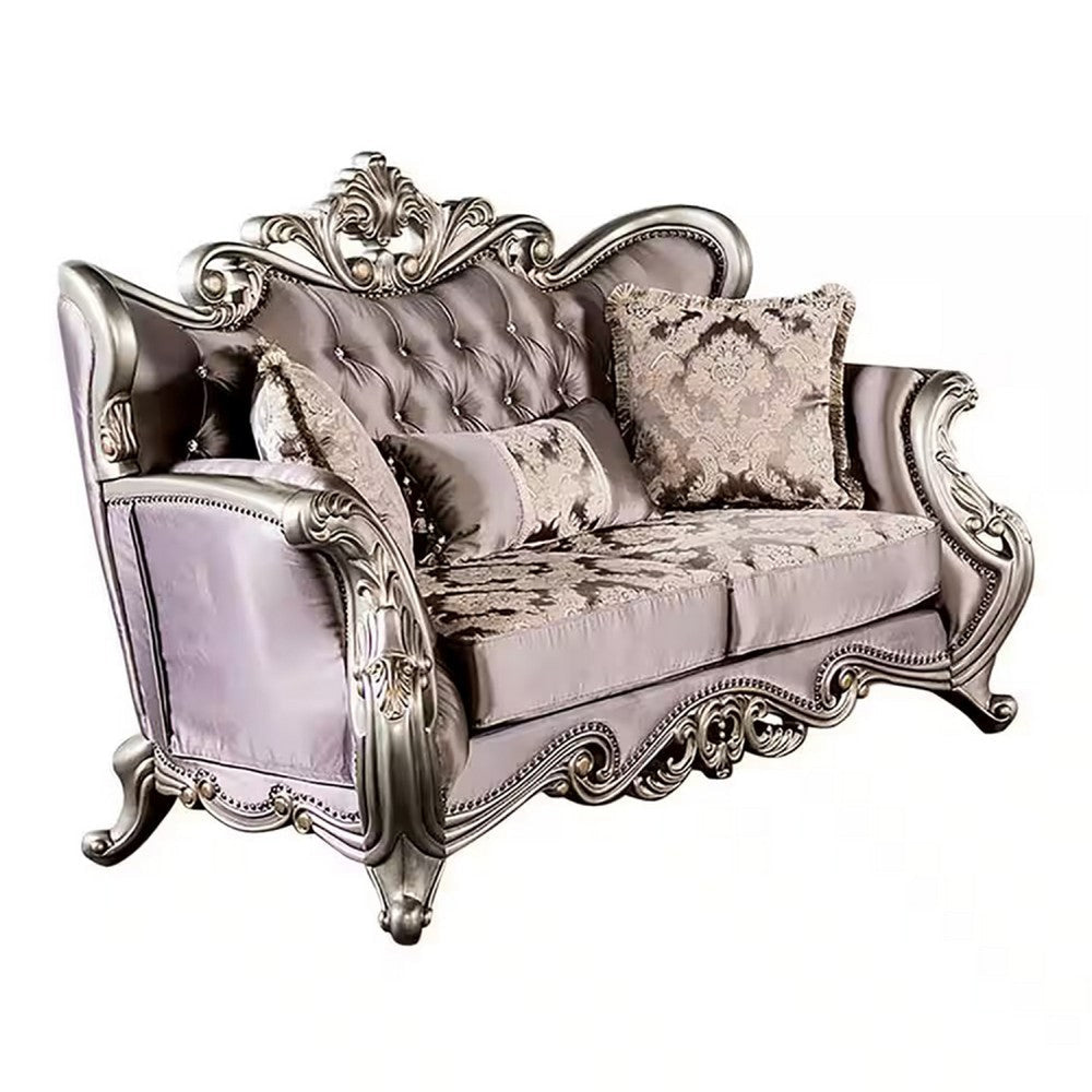 Aboi Loveseat | 3 Accent Pillows | Purple Velvet | Carved Details | 70"