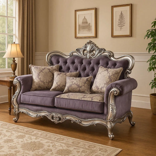 Aboi Loveseat | 3 Accent Pillows | Purple Velvet | Carved Details | 70"