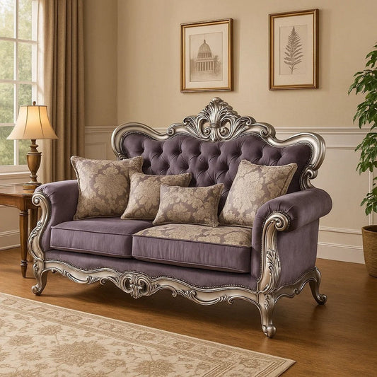 Aboi Loveseat | 3 Accent Pillows | Purple Velvet | Carved Details | 70"