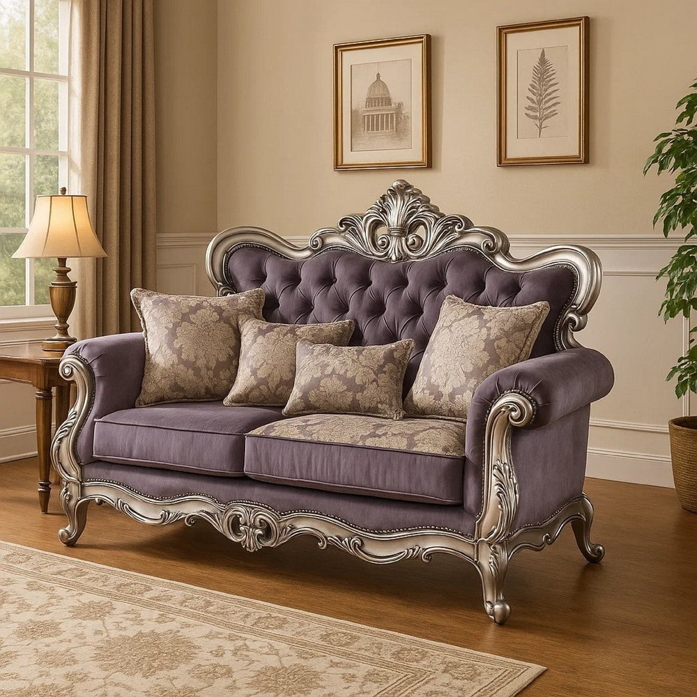 Aboi Loveseat | 3 Accent Pillows | Purple Velvet | Carved Details | 70"