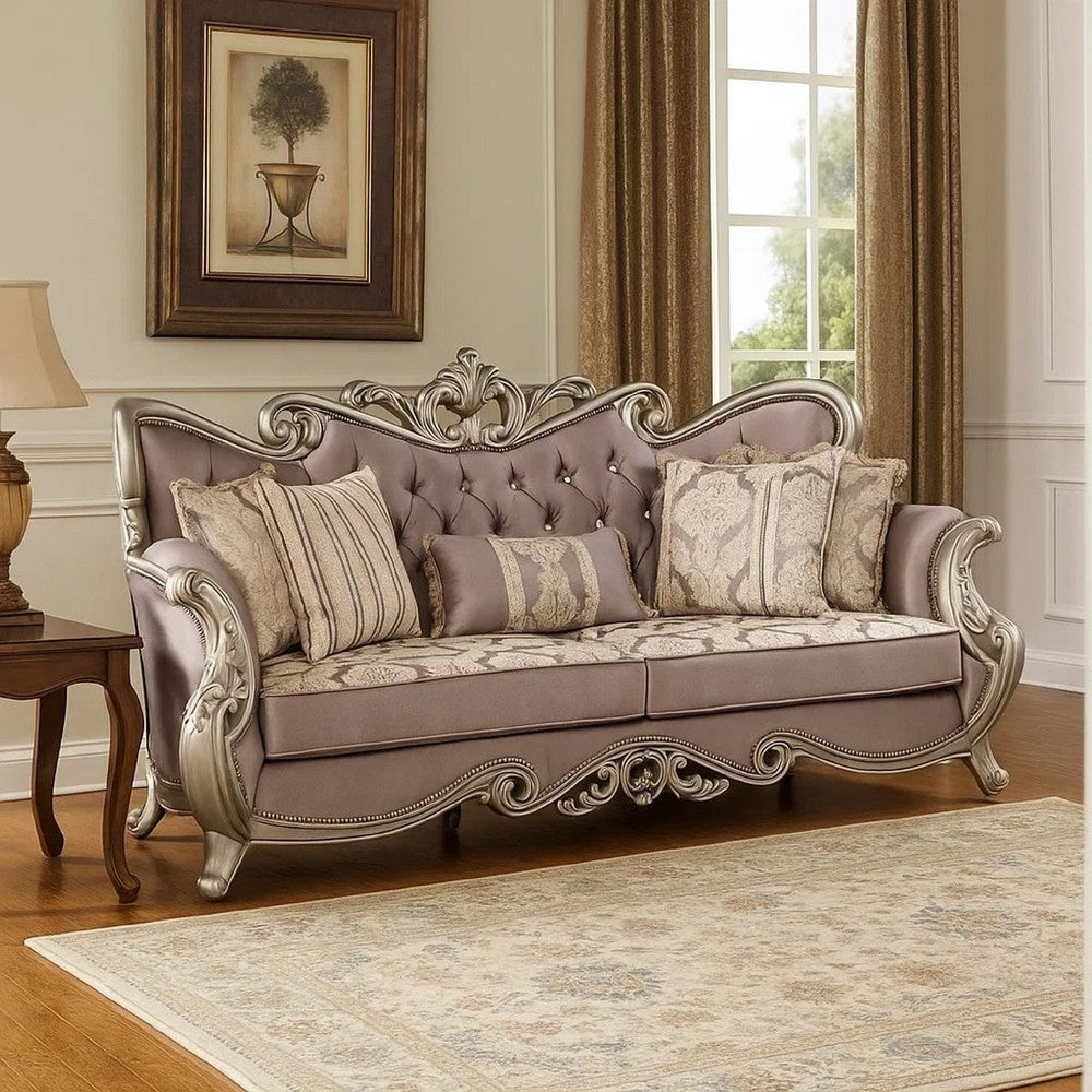 Aboi Sofa | 5 Accent Pillows | Purple Velvet | Carved Details | 95"