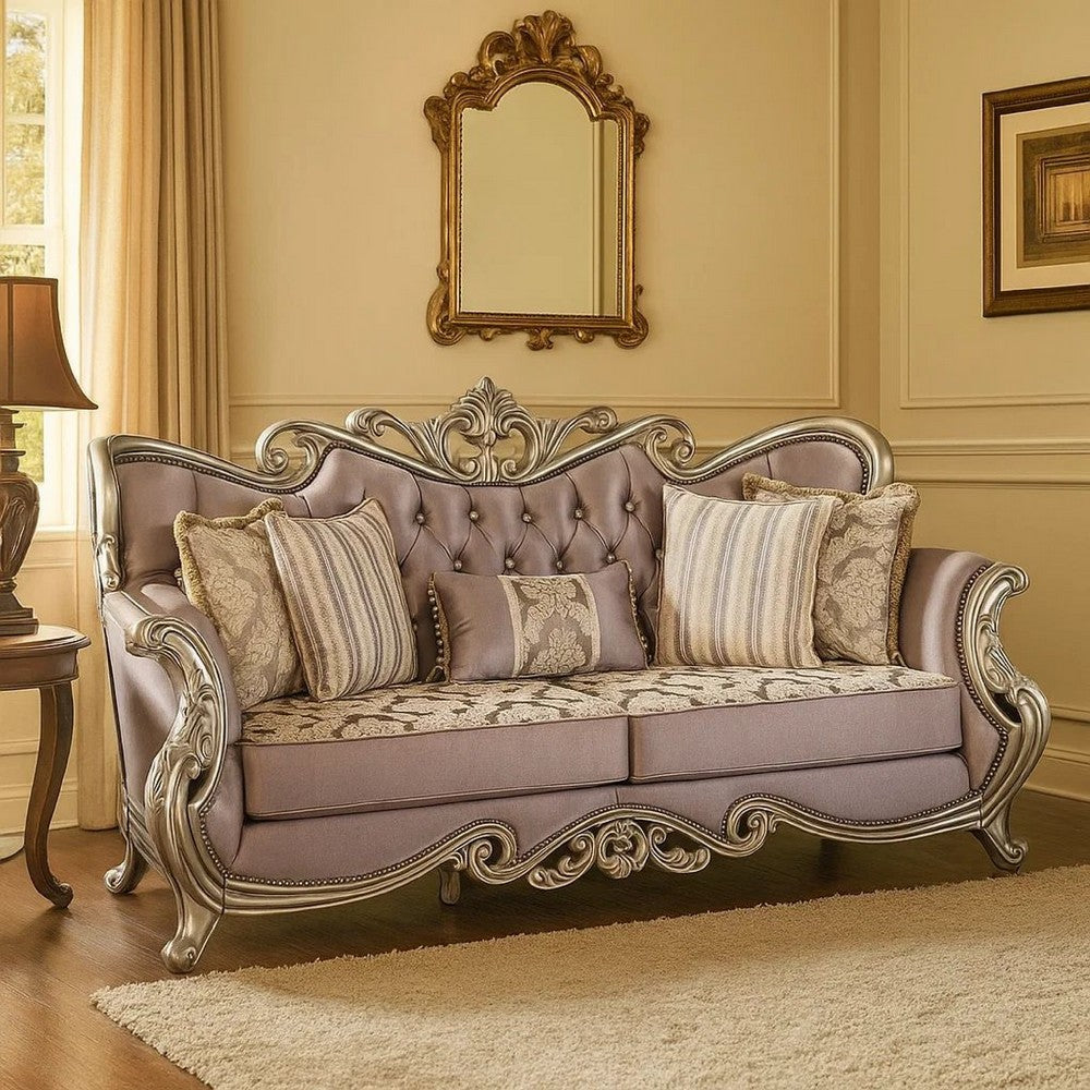 Aboi Sofa | 5 Accent Pillows | Purple Velvet | Carved Details | 95"