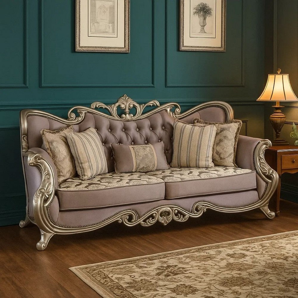 Aboi Sofa | 5 Accent Pillows | Purple Velvet | Carved Details | 95"