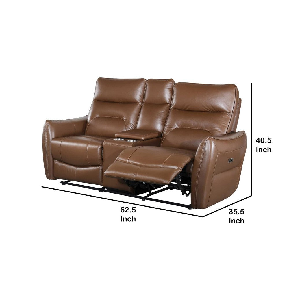 Teren Power Recliner Loveseat | 63’’ | Brown Grain Leather | Cupholders BM340302