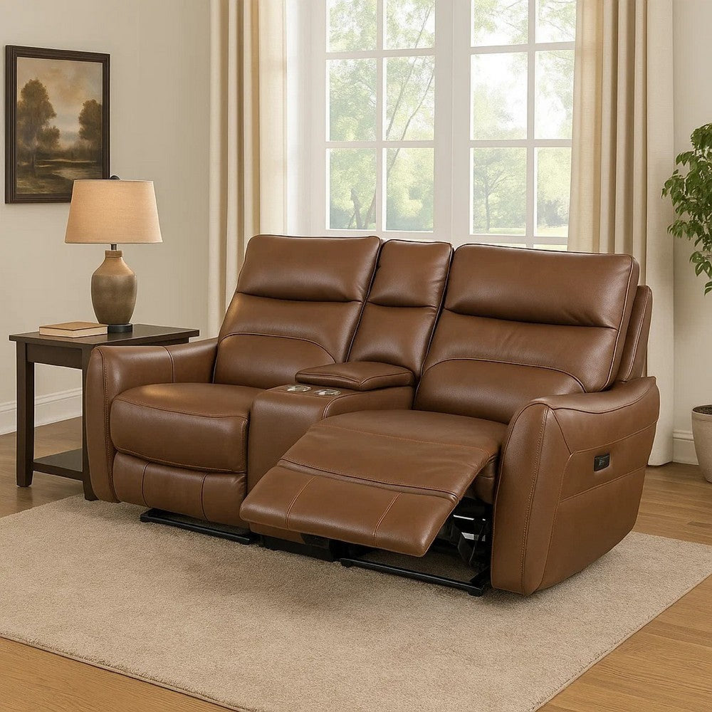 Teren Power Recliner Loveseat | 63’’ | Brown Grain Leather | Cupholders BM340302