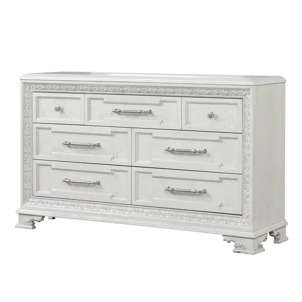Miamy Wide Dresser | 7 Drawers w Jewelry Tray | Creamy White Pine Wood