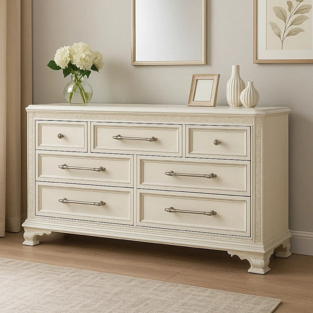 Miamy Wide Dresser | 7 Drawers w Jewelry Tray | Creamy White Pine Wood BM340309