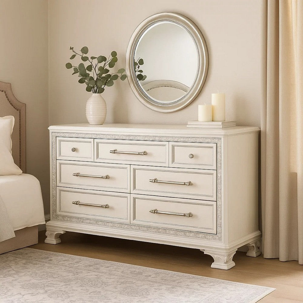 Miamy Wide Dresser | 7 Drawers w Jewelry Tray | Creamy White Pine Wood