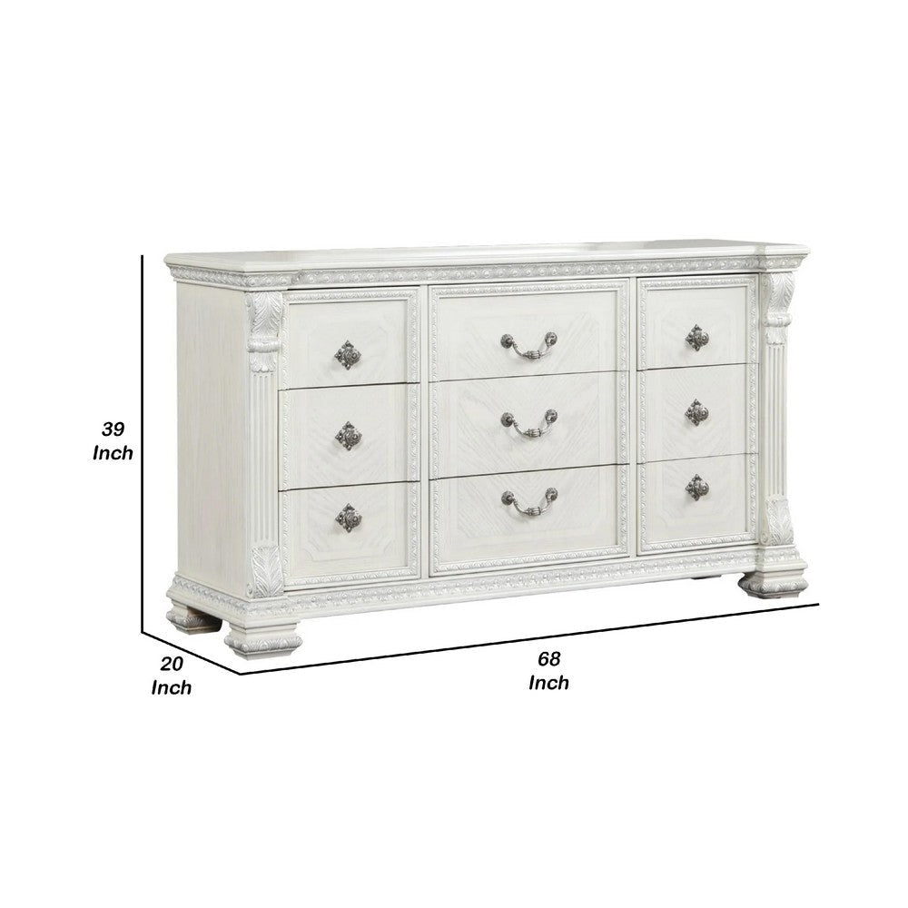 Naddy Wide Dresser | White Pine Wood | 9 Drawers w Metal Handles BM340310