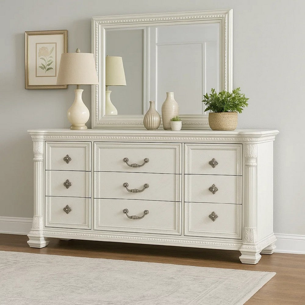 Naddy Wide Dresser | White Pine Wood | 9 Drawers w Metal Handles BM340310