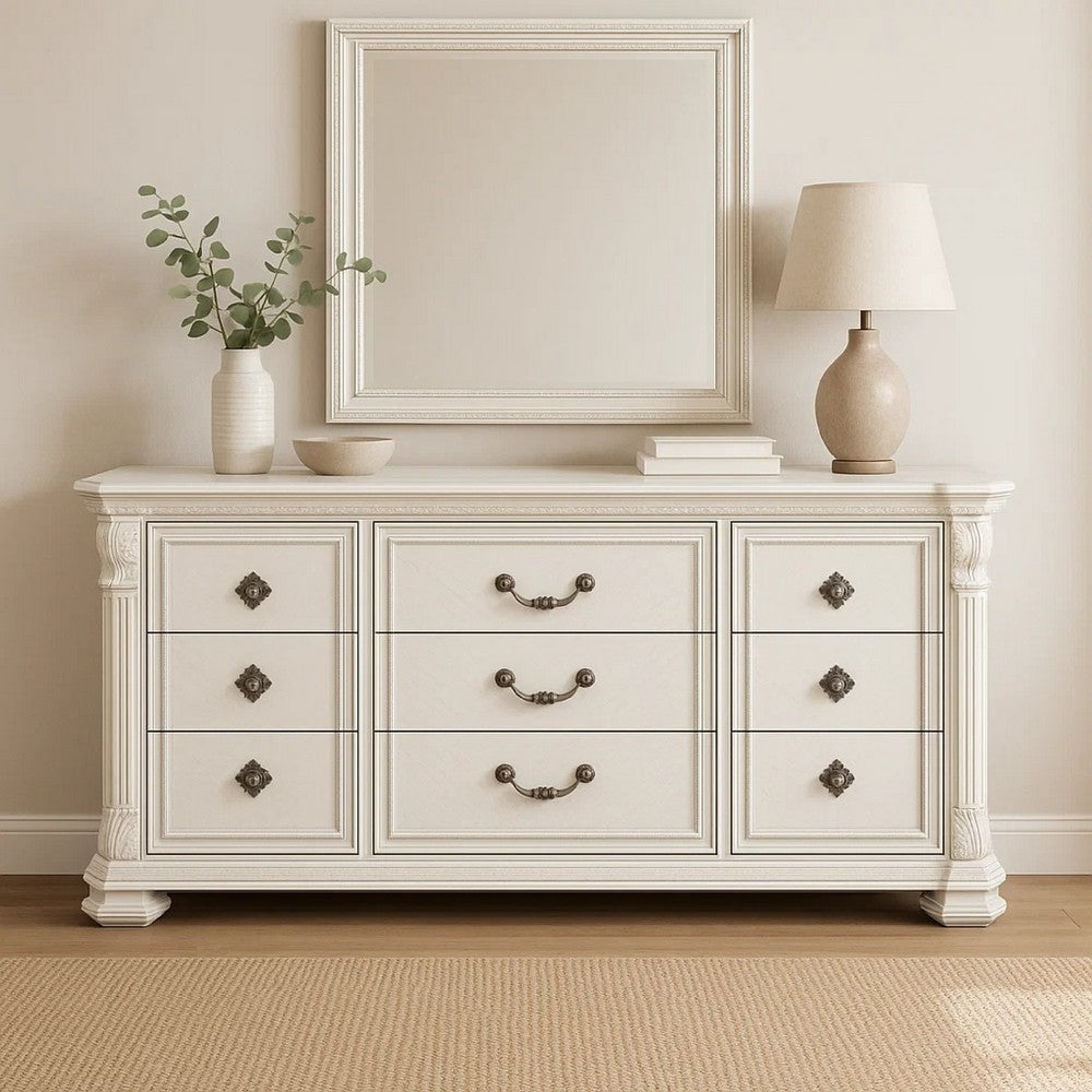 Naddy Wide Dresser | White Pine Wood | 9 Drawers w Metal Handles