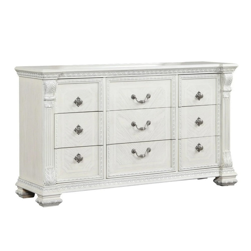 Naddy Wide Dresser | White Pine Wood | 9 Drawers w Metal Handles