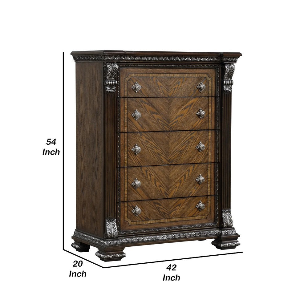 Naddy Tall Dresser Chest | Ornate Carving | Brown Pine Wood BM340311