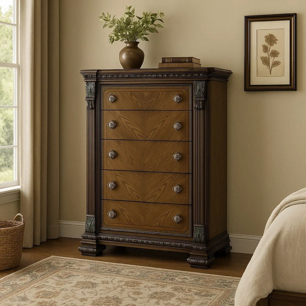Naddy Tall Dresser Chest | Ornate Carving | Brown Pine Wood