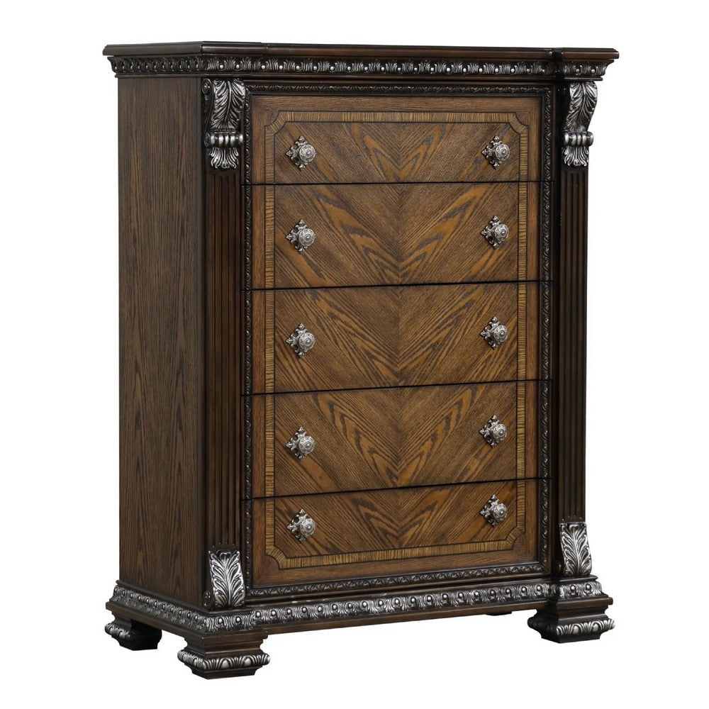 Naddy Tall Dresser Chest | Ornate Carving | Brown Pine Wood
