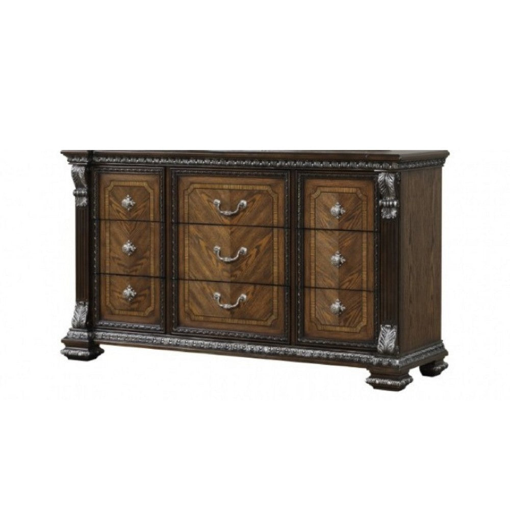 Naddy Wide Dresser | Ornate Carving | Brown Pine Wood BM340312