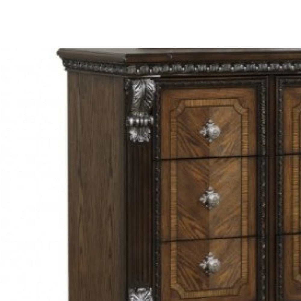 Naddy Wide Dresser | Ornate Carving | Brown Pine Wood BM340312