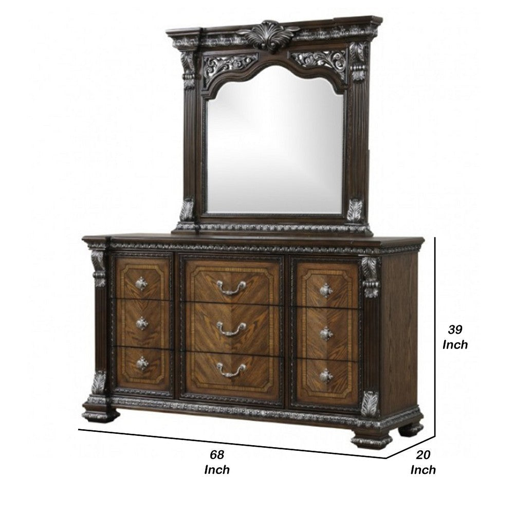 Naddy Wide Dresser | Ornate Carving | Brown Pine Wood BM340312