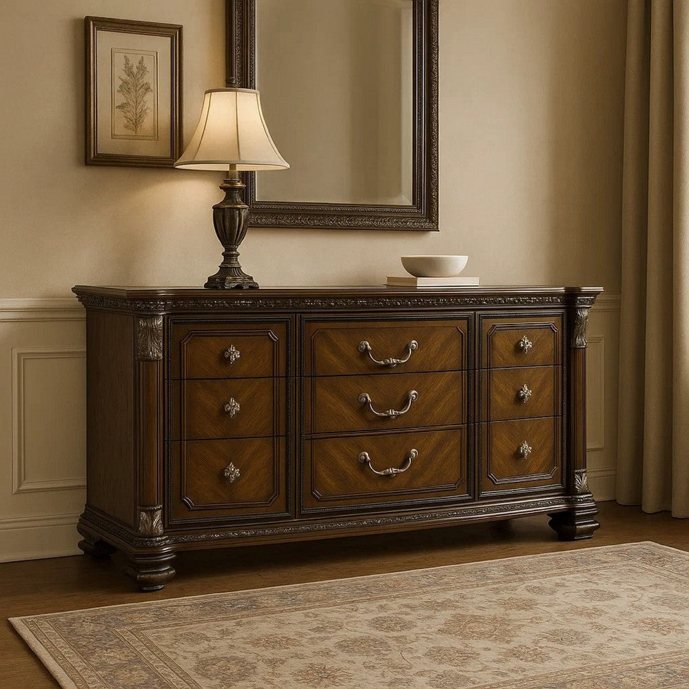 Naddy Wide Dresser | Ornate Carving | Brown Pine Wood BM340312