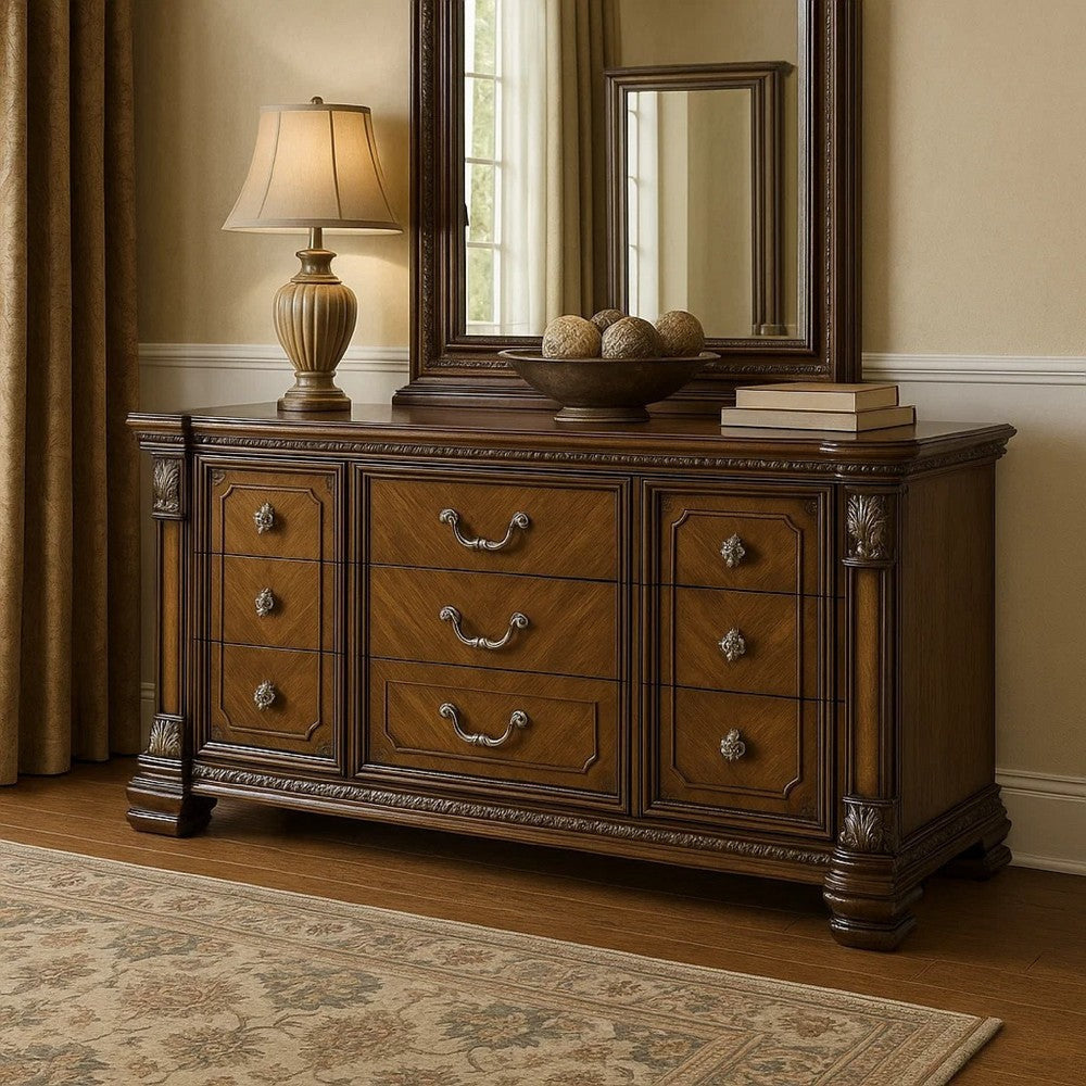 Naddy Wide Dresser | Ornate Carving | Brown Pine Wood