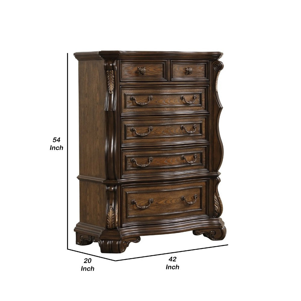 Leova Tall Dresser Chest | 6 Drawers | Ornate Molding | Brown Hardwood BM340313