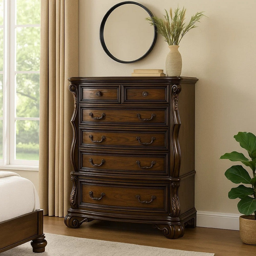Leova Tall Dresser Chest | 6 Drawers | Ornate Molding | Brown Hardwood BM340313