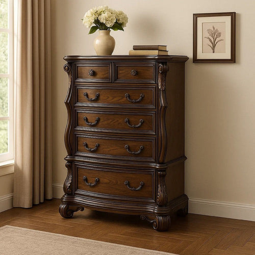 Leova Tall Dresser Chest | 6 Drawers | Ornate Molding | Brown Hardwood