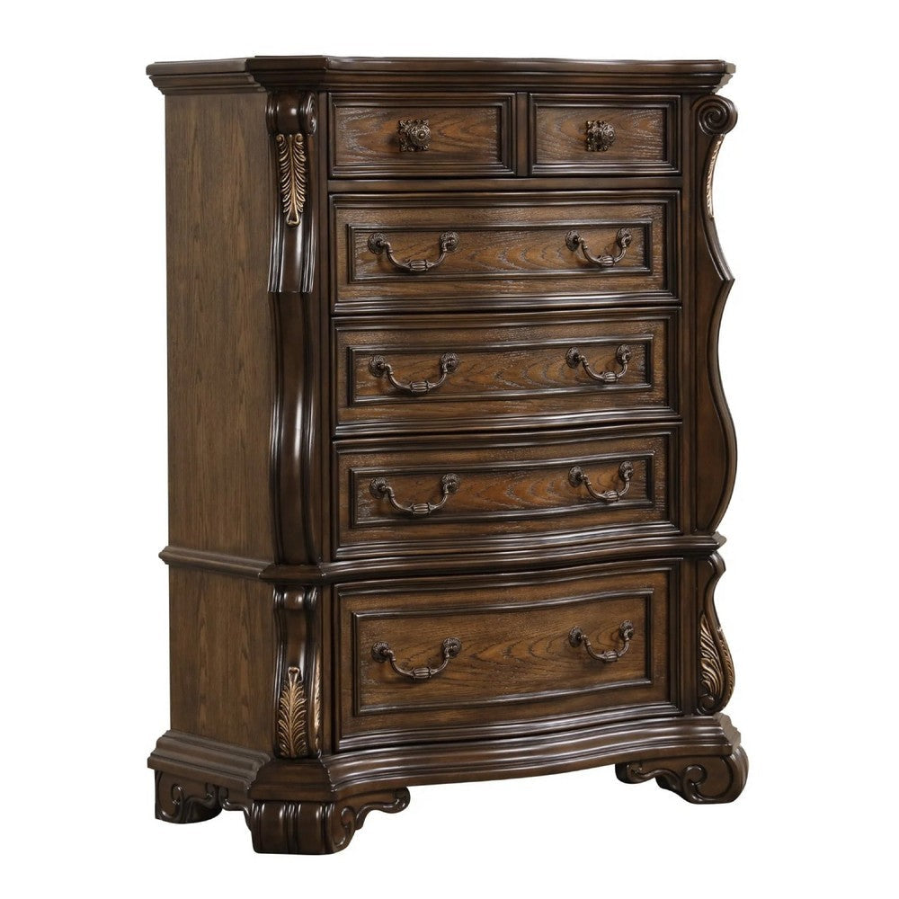 Leova Tall Dresser Chest | 6 Drawers | Ornate Molding | Brown Hardwood