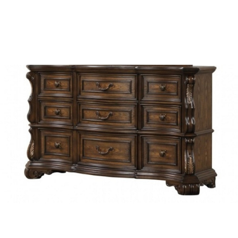 Leova Wide Dresser | 9 Drawers | Ornate Molding| Brown Asian Hardwood BM340314