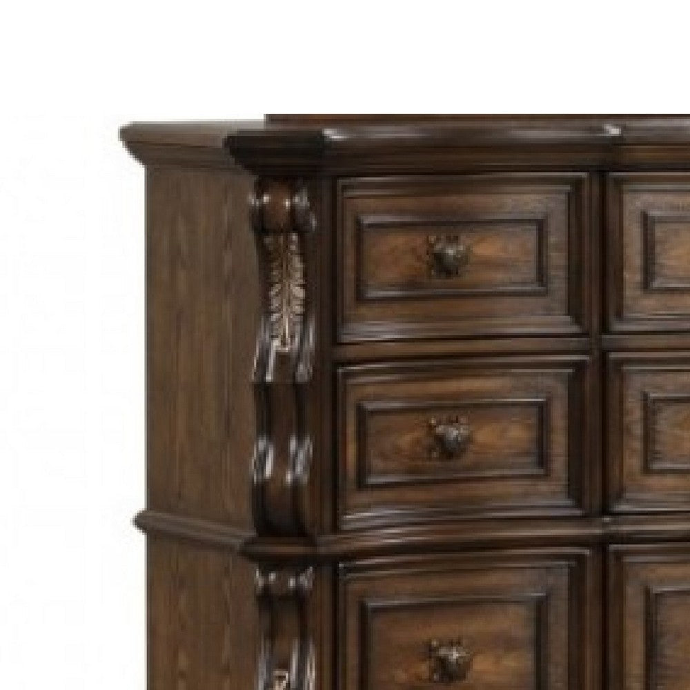 Leova Wide Dresser | 9 Drawers | Ornate Molding| Brown Asian Hardwood BM340314
