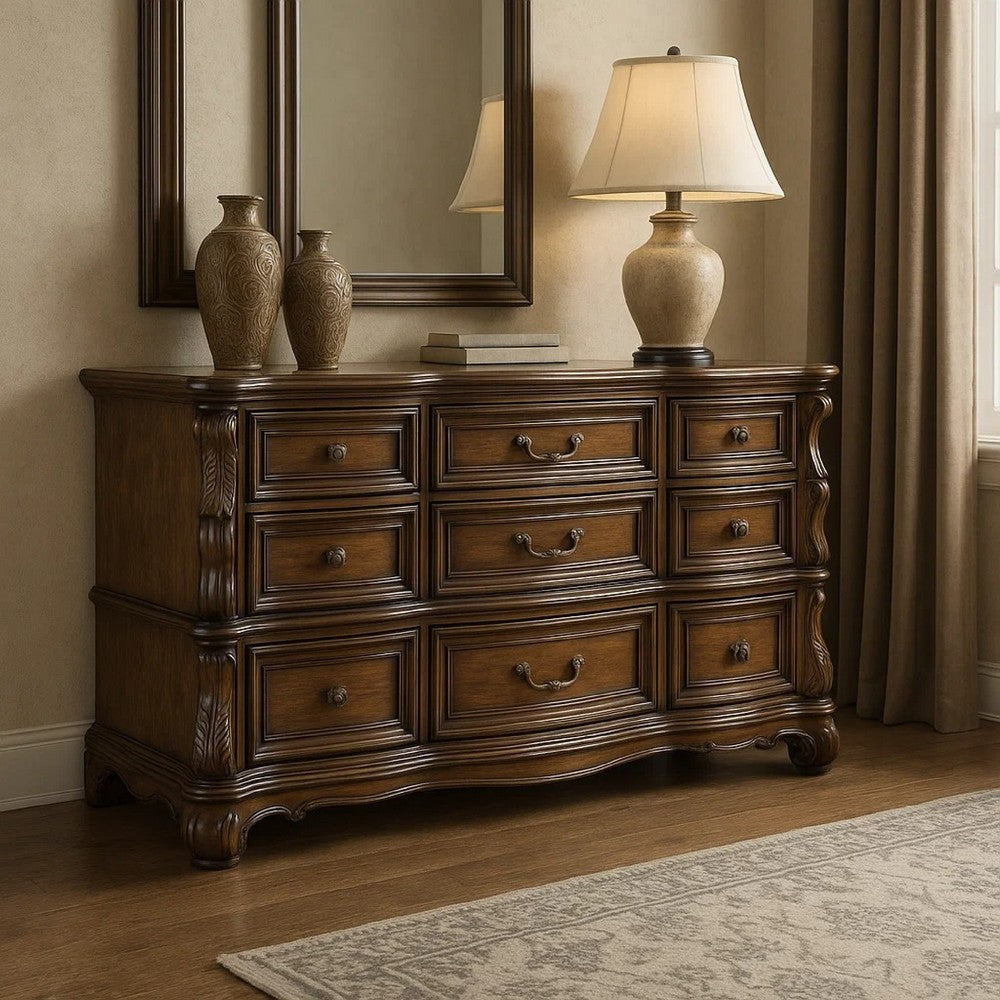 Leova Wide Dresser | 9 Drawers | Ornate Molding| Brown Asian Hardwood BM340314