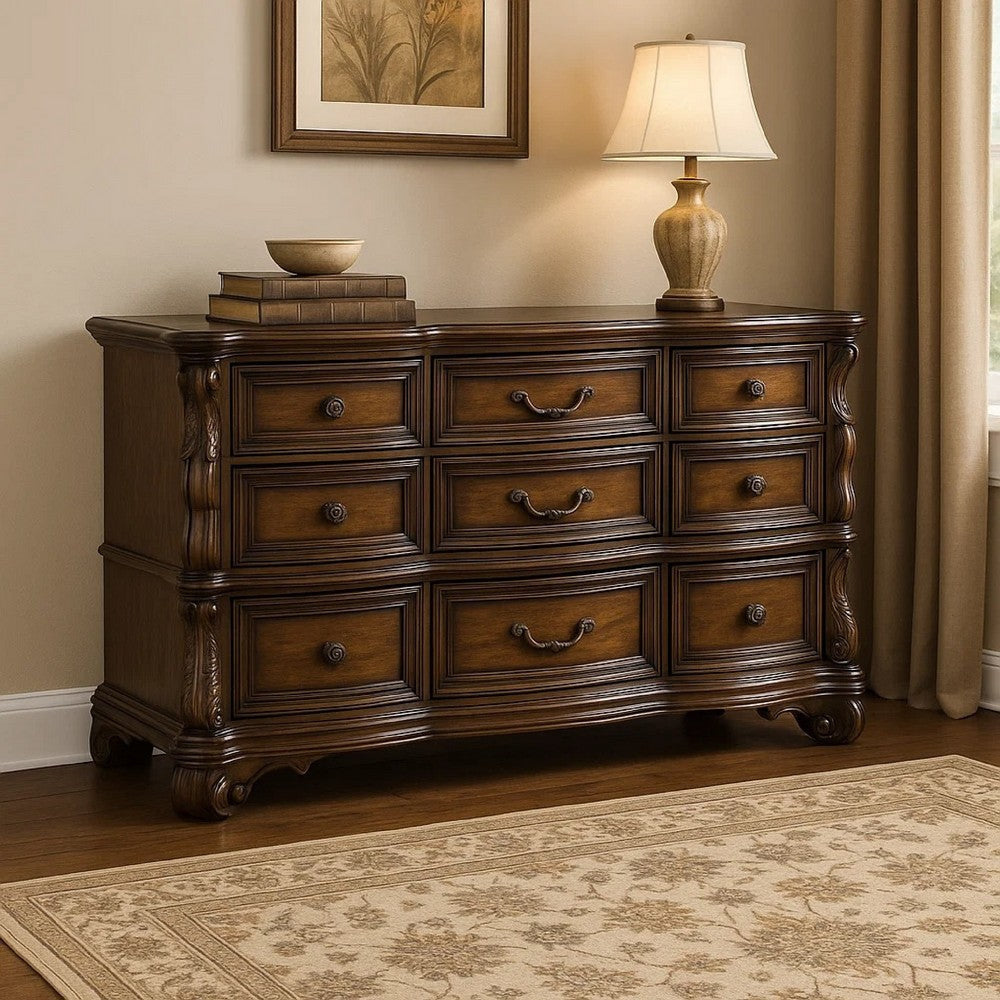 Leova Wide Dresser | 9 Drawers | Ornate Molding| Brown Asian Hardwood