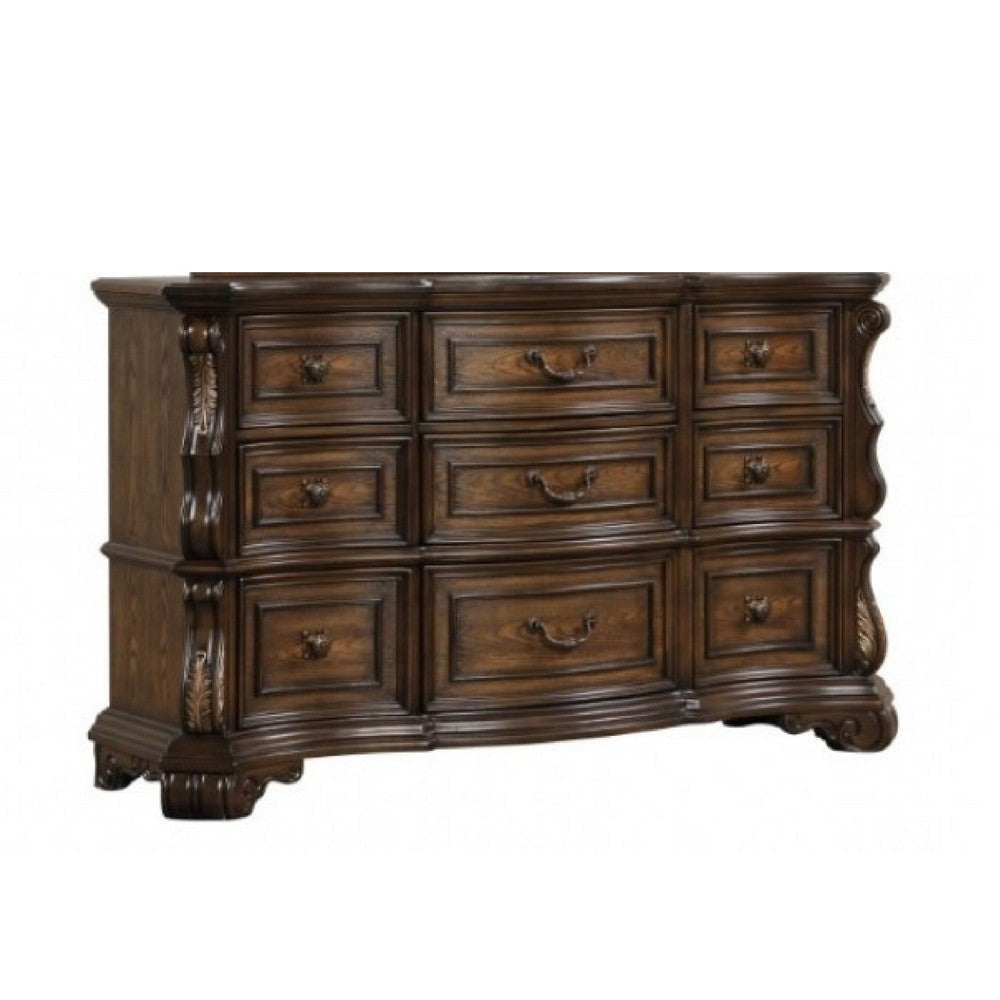 Leova Wide Dresser | 9 Drawers | Ornate Molding| Brown Asian Hardwood