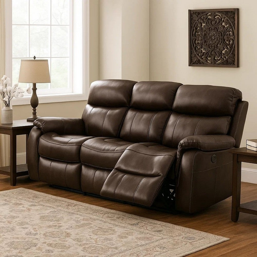 Runy Power Recliner Sofa | Pillowy Brown Top Grain Leather | 86"