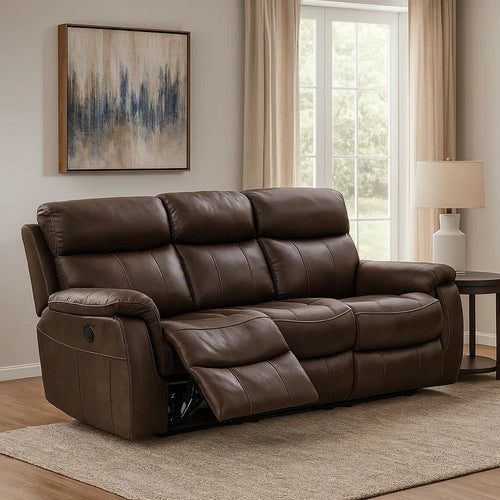 Runy Power Recliner Sofa | Pillowy Brown Top Grain Leather | 86"