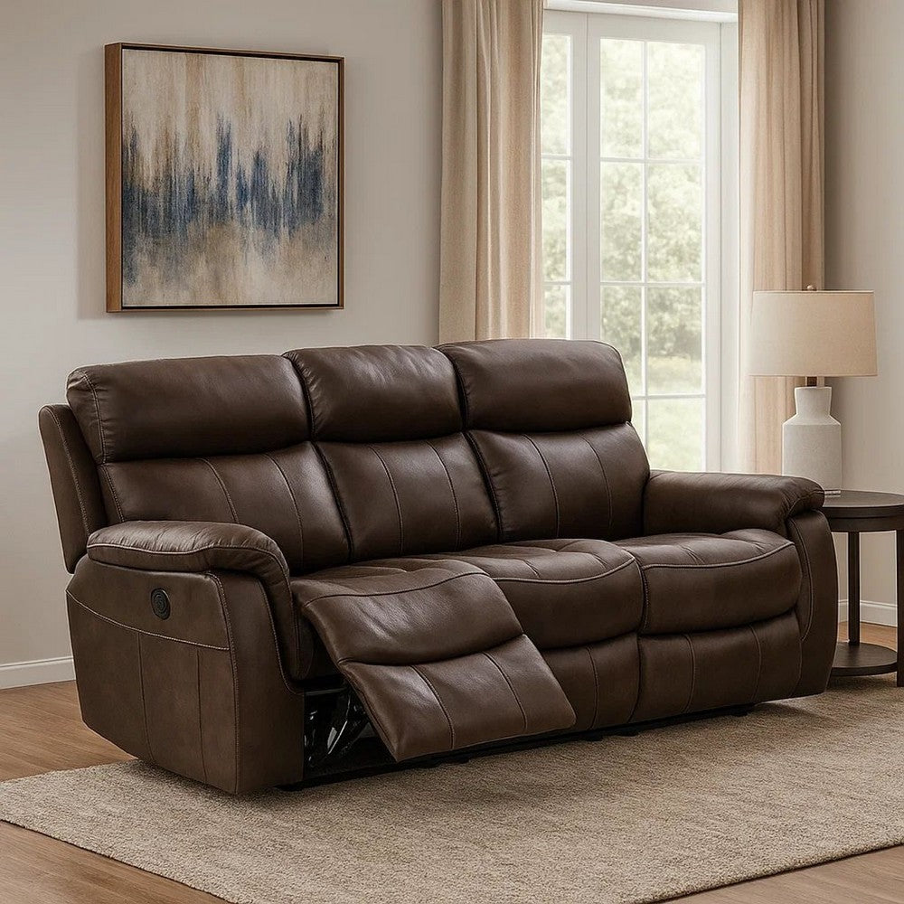 Runy Power Recliner Sofa | Pillowy Brown Top Grain Leather | 86"